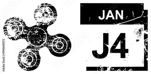 Fidget spinner with distressed texture and calendar date Jan 4, design, tactile toy and time marker, isolated vector graphic, stylized glitch effect.