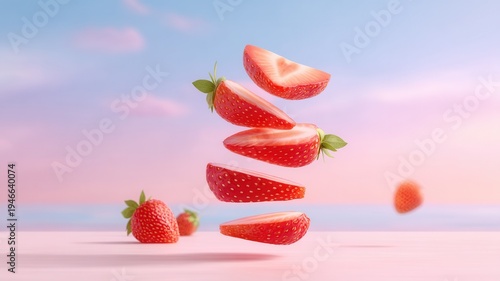 Ripe strawberry slices floating against a soft pastel gradient sky, displaying fresh summer fruit and healthy food concept