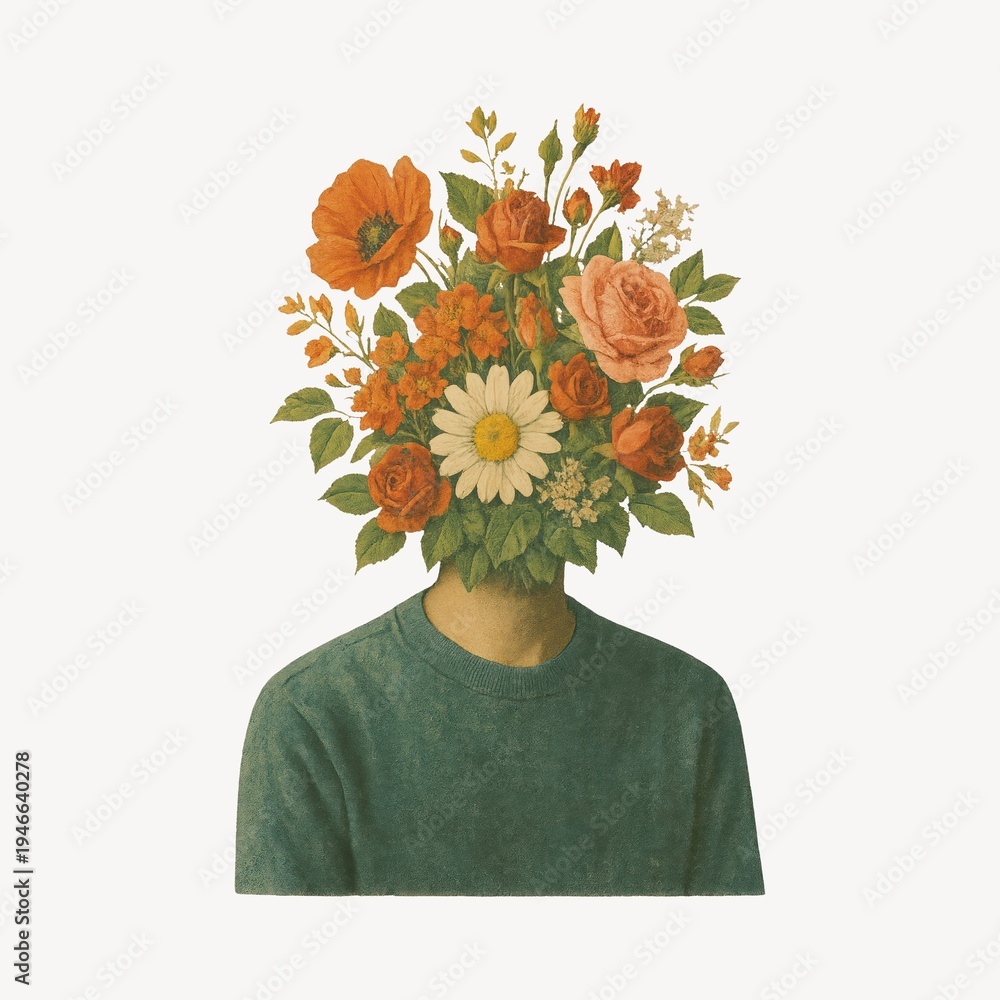 Fototapeta premium Surreal floral head portrait art.