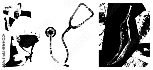 Doctor silhouette holding syringe, stethoscope, medical symbols, healthcare, black and white vector design, medical equipment, healthcare illustration.