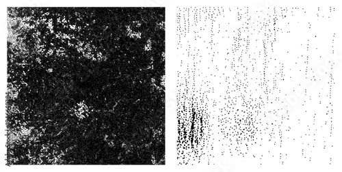 Black and white halftone dot matrix texture, stippling, graphic print background, vector art element, visual noise effect, raster to vector conversion, design overlay.