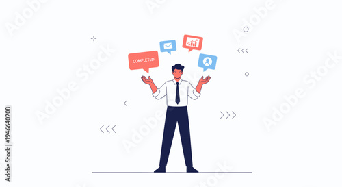 Businessman juggling business icons: email, chart, user, and text bubble