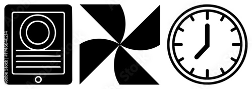 Black and white flat featuring a camera, pinwheel fan, and analog clock clean, no shading, ideal for UI or print.