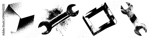 Vintage style wrench and box with distressed halftone texture, mechanic tools, repair symbols, industrial design, black and white vector graphic.