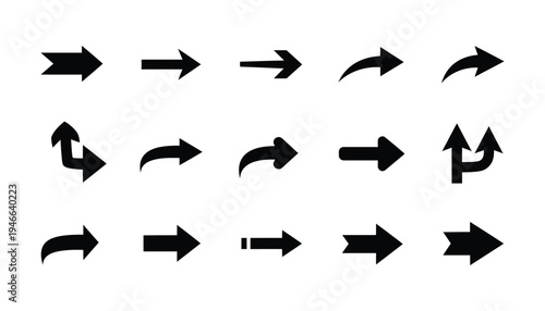Set of black arrow icons with smooth curves and sharp points, modern design for digital interfaces and user experience elements