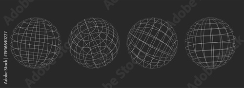 Globe grid spheres. Striped 3D spheres, geometry globe grid, Striped 3D orbs, Earth longitude and latitude line wireframe spheres, Earth globe hemispheres set. Geometry globe grid,