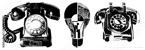 Retro rotary phone with coiled cord and dial, vintage lightbulb with halftone texture, classic communication symbols, black and white vector illustration, isolated design elements.