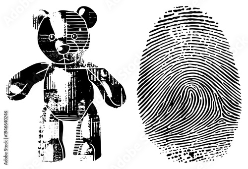 Vintage toy bear with halftone texture, fingerprint motif, graphic illustration, vector art, isolated design, child safety symbol, forensic.