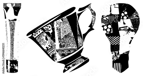 Artistic ceramic vessels featuring ornate, fragmented designs, stylized, decorative ceramics, graphic, vector art, halftone textures, isolated elements.