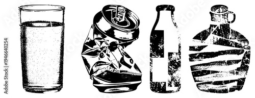Glass of water, crushed soda can, classic bottle, rustic jug all depicted in high contrast halftone vector art, isolated on transparent background.