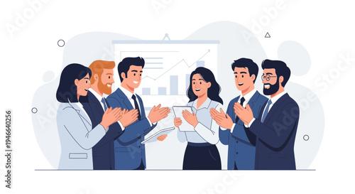 Business team applauding success, celebrating achievement with a presentation