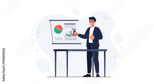 Businessman presenting financial report with charts and graphs on a whiteboard