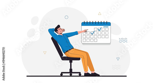 Man relaxing, pointing at calendar with checked tasks, work-life balance concept