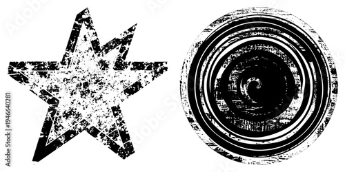 Black and white star symbol and concentric spiral, both featuring gritty texture, vector design, graphic elements, isolated symbols, stylized shapes.