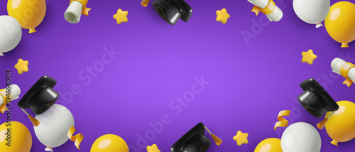 Graduation celebration background with hats, balloons, diplomas 3d elements layout and copy space. Vector illustration.