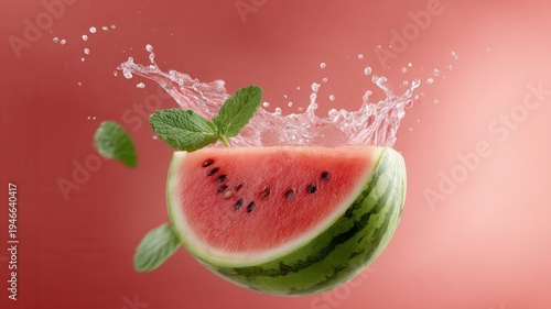 Watermelon slice splashing refreshing water and fresh mint leaves, symbolizing juicy summer hydration