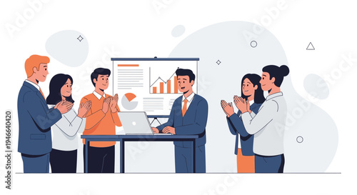 Business team applauding successful presentation with charts on screen