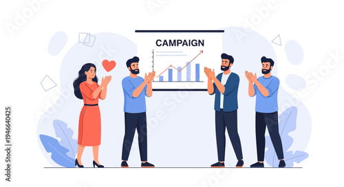 Team applauds successful campaign presentation with growth chart