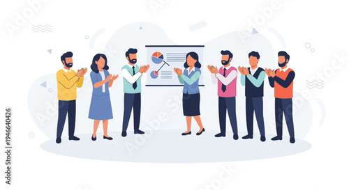 Business team applauding presentation success, celebrating achievement, teamwork, and positive feedback.