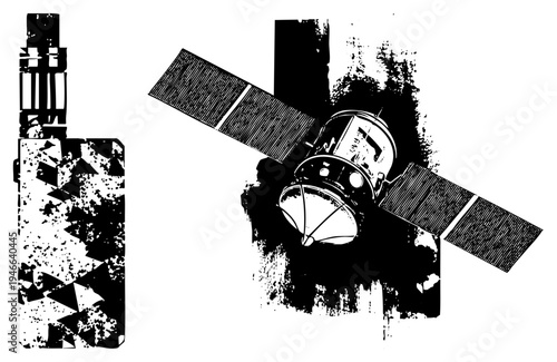 Satellite orbiting Earth with solar panels, space probe, orbital vehicle, space tech, black and white vector illustration, halftone texture, gritty space art.