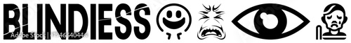 Visual impairment including eye, sad face, angry face, blind text, and blindness wordmark. Symbols for accessibility, awareness, and disability inclusion campaigns.