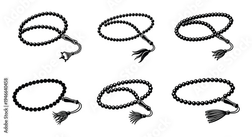 Four black islamic prayer beads tasbih and misbaha displayed together