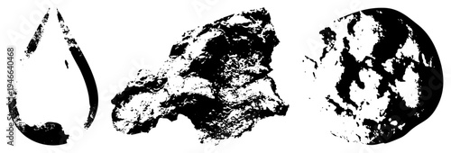 Rough halftone textures of water droplet, jagged rock, and earth globe, vector graphic with distressed grain, ideal for design or background elements.