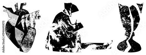 Stylized human silhouette writing, anatomical heart, abstract vase, black and white halftone, graphic vector art, isolated foreground elements, artistic composition.