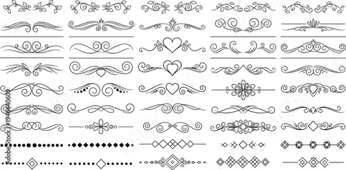 Vintage ornamental divider set, decorative flourish swirl lines collection, elegant border elements vector for wedding invitations design isolated