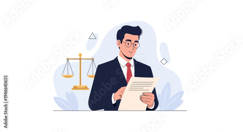 Lawyer Reading Document with Scales of Justice in Background