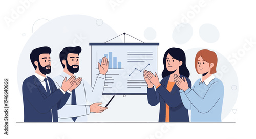 Business team applauding during a presentation with charts on a whiteboard.