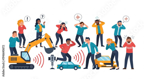 People reacting to loud construction noise and traffic sounds.