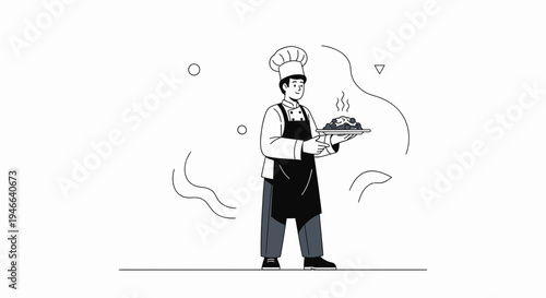Chef holding a plate of food, illustration, cooking, restaurant, culinary