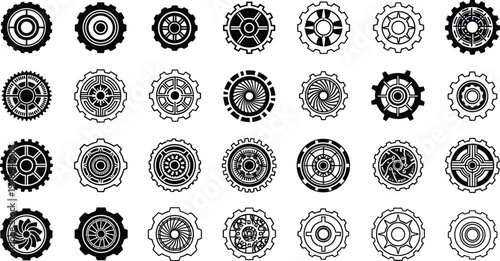Gear cogwheel icon set, mechanical engineering symbols collection, industrial machine gear vector elements isolated on light background design