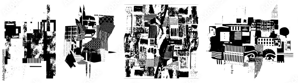 Fototapeta premium Fragmented abstract composition with bold shapes, halftone textures, and graphic, modern art design, vector illustration, aesthetic.