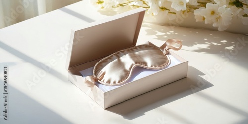 Silk sleep mask rests inside open box. Soft light creates shadows, floral background adds delicate touch. Peaceful scene.