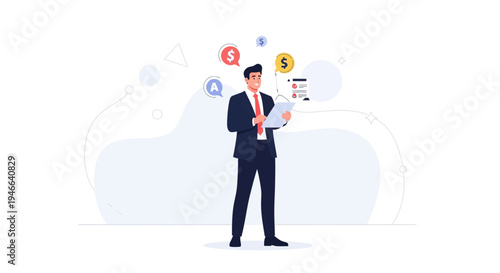 Businessman analyzing financial data and making decisions, business concept illustration