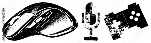 Grunge style digital of computer mouse, vintage microphone, and game controller rendered in halftone dot, vector art, tech gadget symbols.