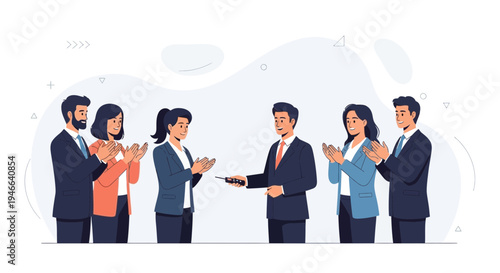 Business team applauds success, man receives award or gift from colleague