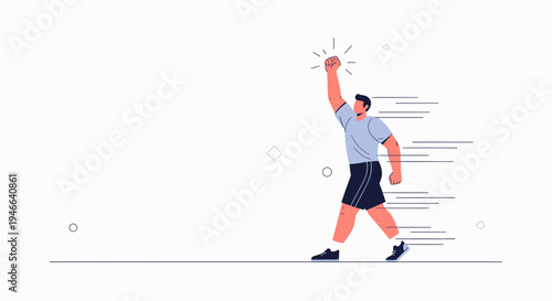 Man celebrating success, raising fist in the air, dynamic motion lines, isolated on white background