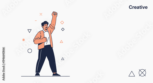 Man celebrating success with fist raised, abstract shapes, modern illustration