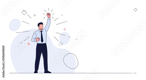 Successful businessman with fist raised in celebration, abstract background
