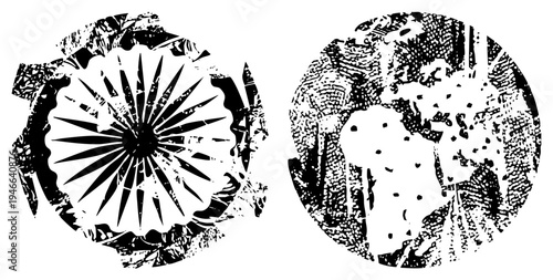 Two circular vector emblems with halftone textures, one featuring radial, the other abstract organic shapes, both with distressed edges, ideal for retro branding or graphic design.
