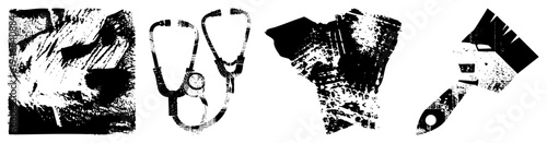 Medical symbols rendered in bold halftone texture stethoscope, syringe, scalpel, clipboard. Graphic healthcare with gritty, artistic texture. Ideal for medical apps, websites, or posters.