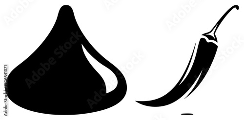 Sweet chocolate kiss candy and spicy chili pepper rendered as minimalist black silhouettes, contrasting flavors symbolized, stylized food, graphic design elements.