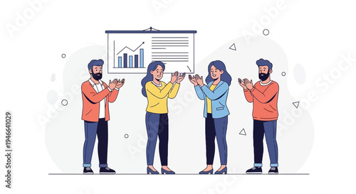 Team Applauding Success in Business Meeting with Presentation Chart