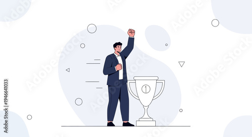 Businessman celebrating victory with a trophy, success and achievement concept illustration