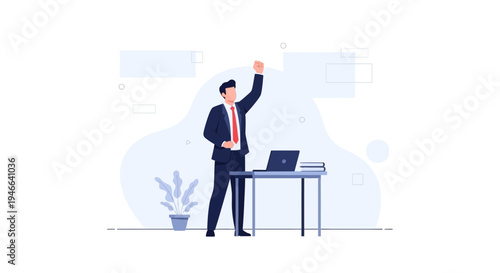 Businessman celebrating success with fist pump in modern office with laptop