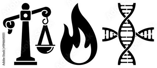 Scales of justice, flame, DNA helix symbol abstract vector graphics for legal, science, and energy themes. Legal emblem, fire symbol, genetic marker.