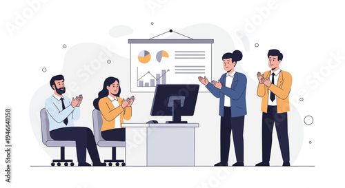 Business team applauding during presentation, successful meeting, teamwork, office meeting